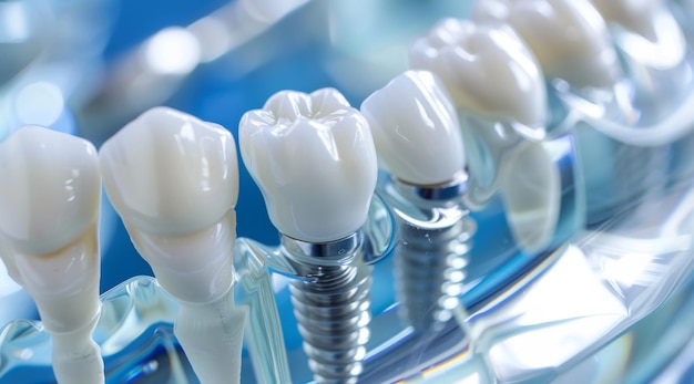 Highresolution image showcasing a set of dental implants with crowns and screws