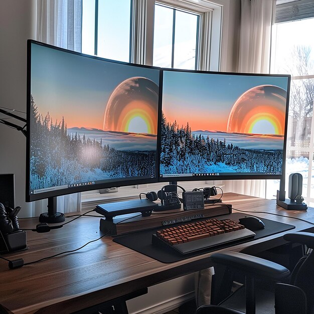 Photo highresolution monitor setup dual screens adjustable stands