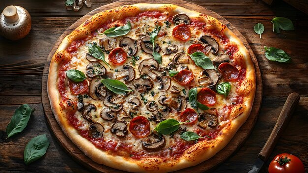 Photo highresolution peking duck pizza with fresh spinach and cherry tomatoes on a wooden board perfect for gourmet food photography and culinary marketing