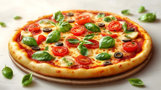 HighResolution Peking Duck Pizza with Fresh Spinach and Cherry Tomatoes on a Wooden Board Perfect for Gourmet Food Photography and Culinary Marketing