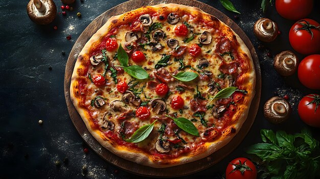 Photo highresolution peking duck pizza with fresh spinach and cherry tomatoes on a wooden board perfect for gourmet food photography and culinary marketing