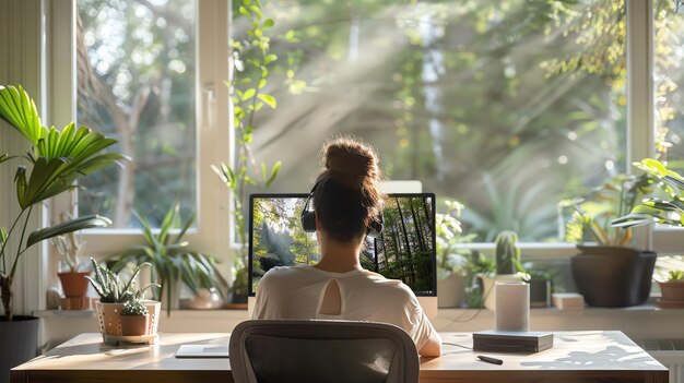 Photo a highresolution photo of a business professional on a video call in a clean home office soft natural light style by idea24club