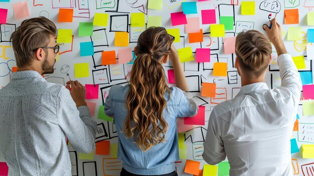 Photo a highresolution photo of a business team brainstorming with sticky notes on a clean whiteboard bright and creative style by idea24club