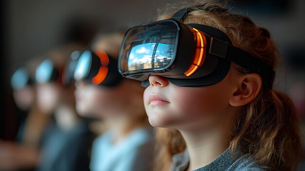 Highresolution photo of children using new technology with realistic glasses in a classroom backtoschool vibe