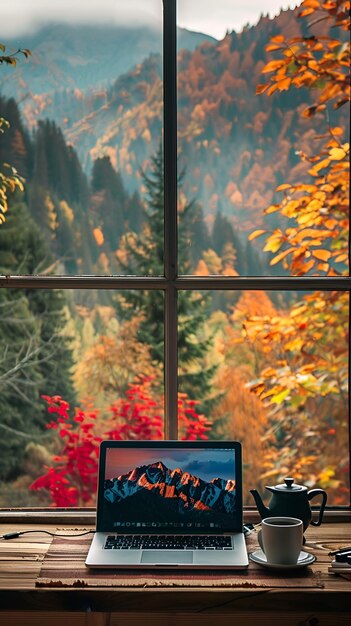 Photo highresolution photo cozy home office with laptop and coffee stunning autumn forest view