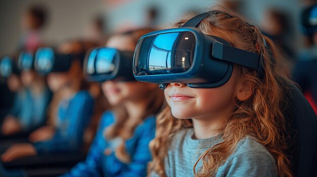 Highresolution photo of kids in a classroom learning technology with realistic glasses backtoschool theme