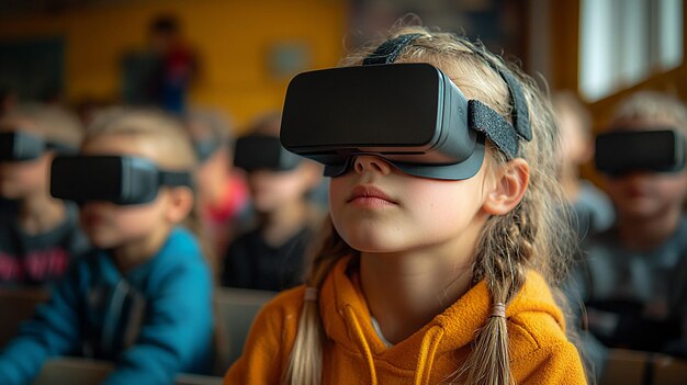 Highresolution photo of kids in a classroom learning technology with realistic glasses backtoschool theme