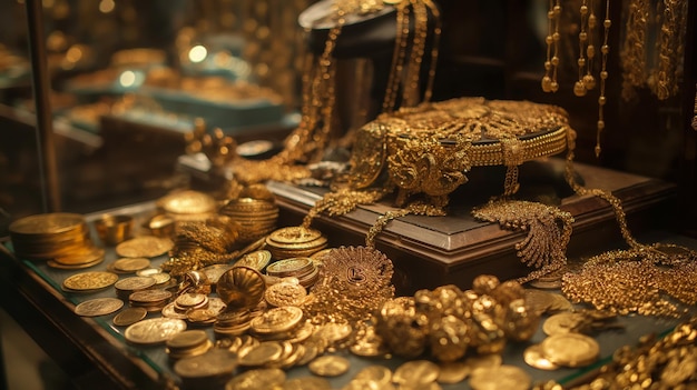 A highresolution photo of a luxurious display of gold jewelry and coins