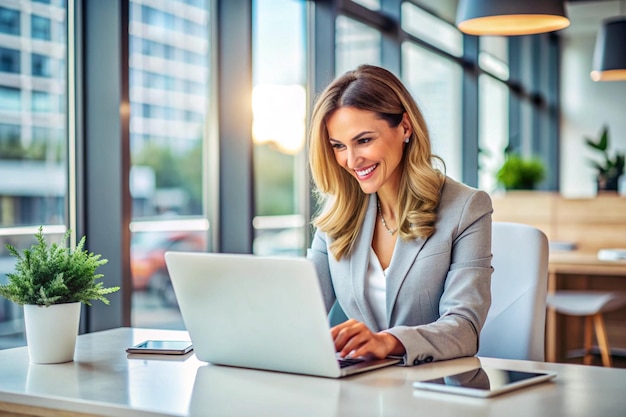 A highresolution photo of a smiling businesswoman working on a laptop in a clean minimalistic office soft lighting