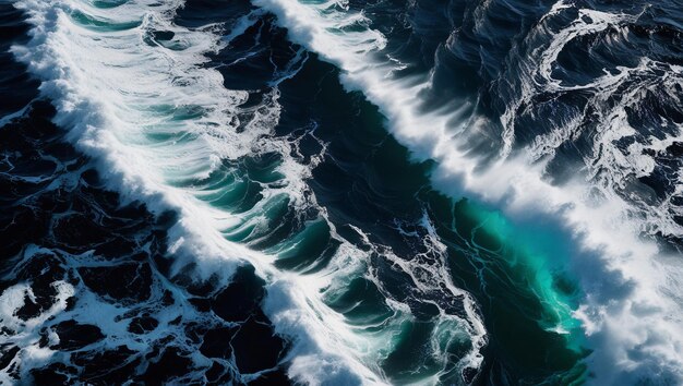 Photo highresolution photograph of turbulent ocean scene with dark blue waves crashing white foam contrasting sharply showcasing raw power and dramatic energy generative ai