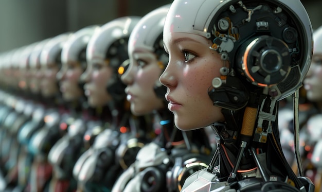 Photo a highresolution realistic depiction of a lineup of humanoid robots focusing on one with detailed facial features and mechanical components