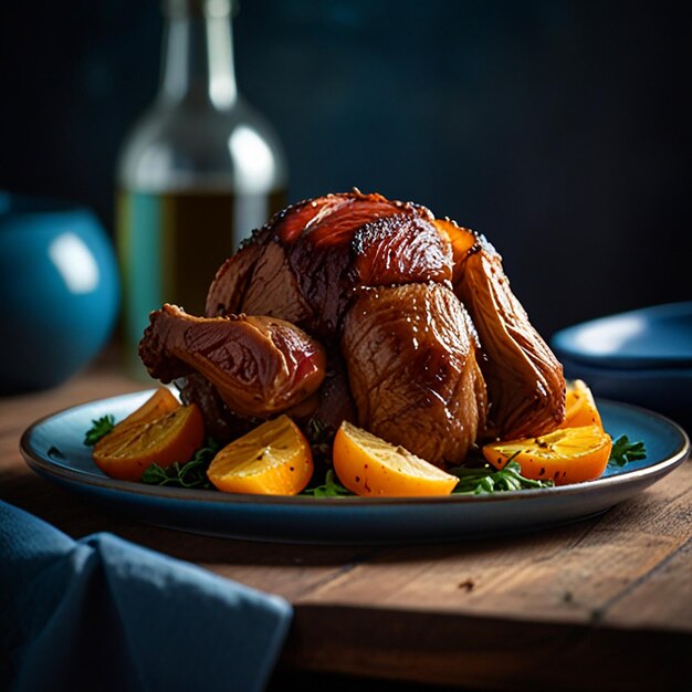 Photo highresolution side view of sunday roast plate clean bright studio shot with blue background