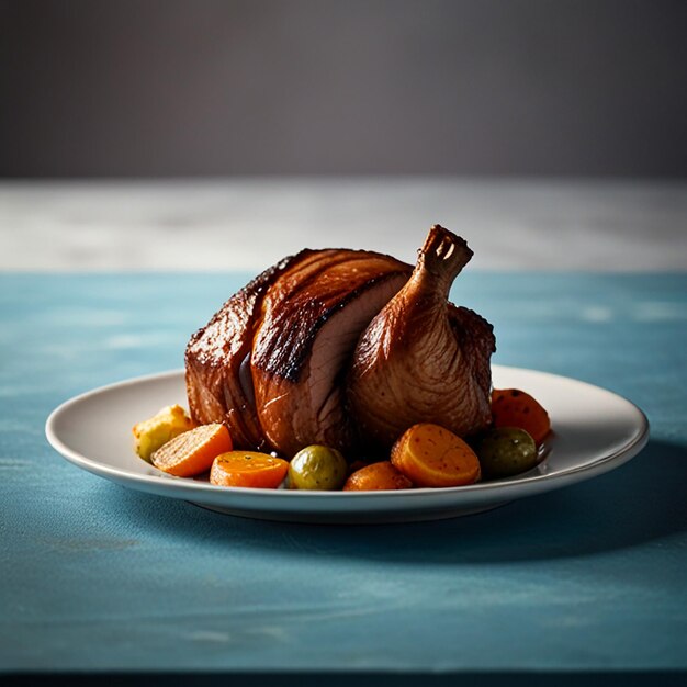 Photo highresolution side view of sunday roast plate clean bright studio shot with blue background