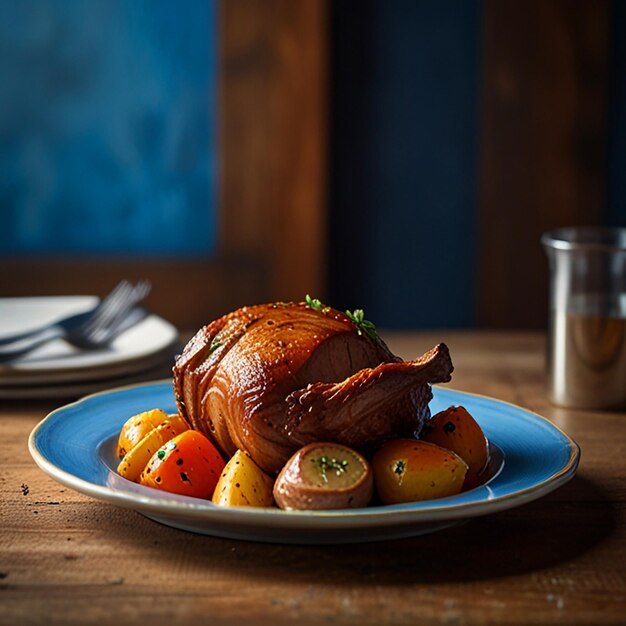 Photo highresolution side view of sunday roast plate clean bright studio shot with blue background