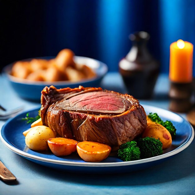 Photo highresolution side view of sunday roast plate clean bright studio shot with blue background