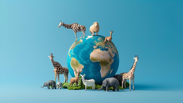 Photo highresolution studio photograph of earth with diverse animals on clean blue background detailed