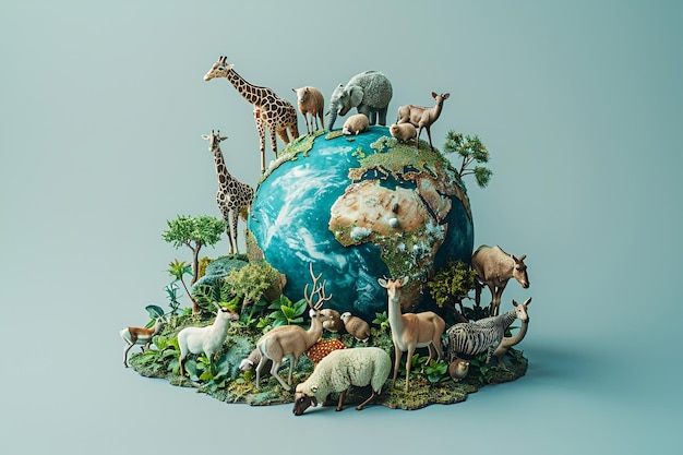 HighResolution Studio Photograph of Earth with Diverse Animals on Clean Blue Background Detailed