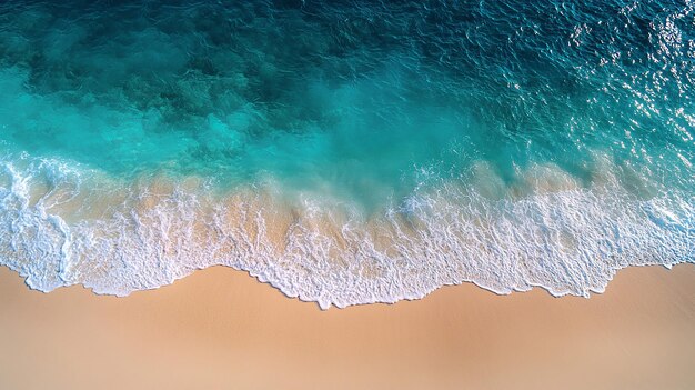 Photo highresolution top view of a serene beach with clear water meeting soft sand creating a fresh and inviting background