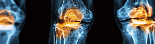 Highresolution Xray image of a human knee joint highlighting detailed bone and cartilage structure in vibrant colors