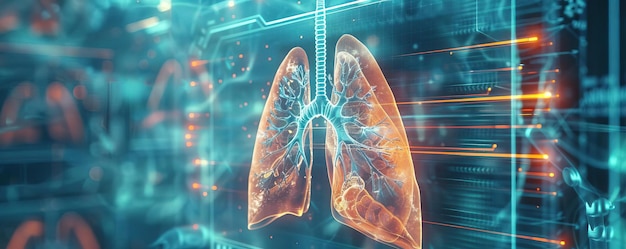 A highresolution Xray of the lungs displayed on a medical monitor enhanced with sythwaveinspired dig