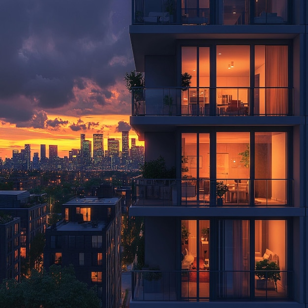 Photo a highrise apartment building with a city skyline view at sunset