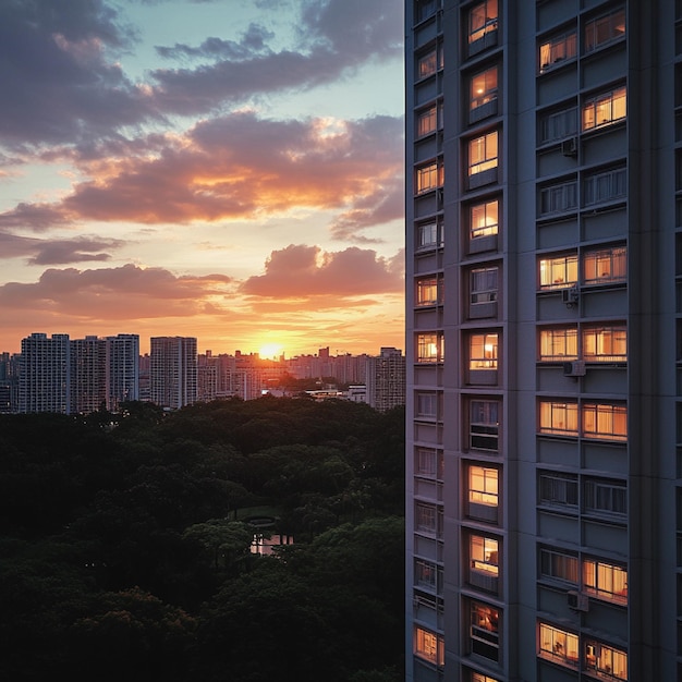 Photo a highrise apartment building with a city skyline view at sunset