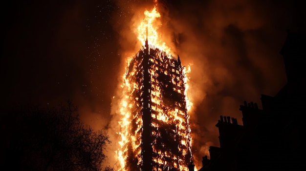 Photo a highrise building engulfed in flames burning brightly against a night sky with the silhouettes of other buildings in the foreground