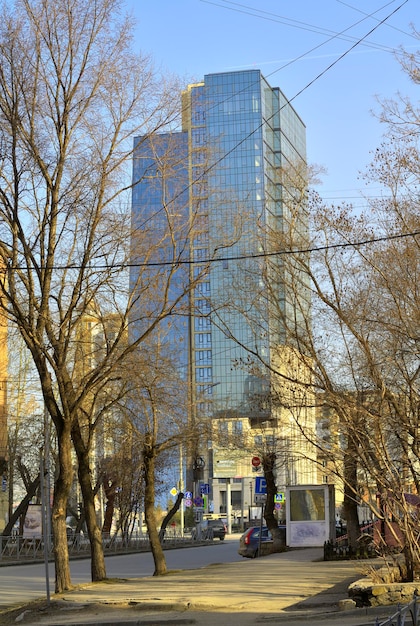 A highrise building through the branches