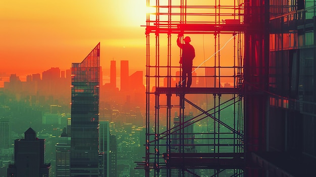 Photo highrise measurement construction worker on a highrise building