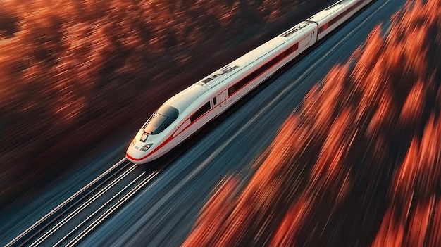 Photo highspeed bullet train showcases rapid movement and sleek design against blurred track