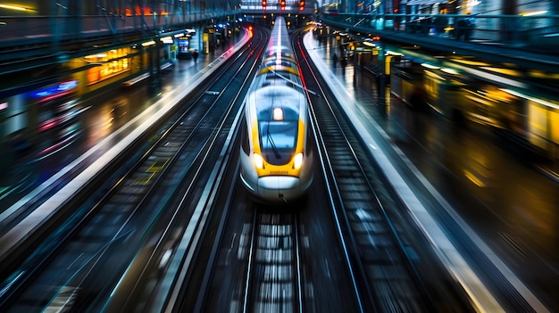 Photo highspeed bullet train speeding through blurred urban cityscape