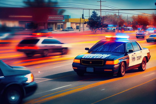 Highspeed chase through busy intersection with police cars and the suspects vehicle zooming by