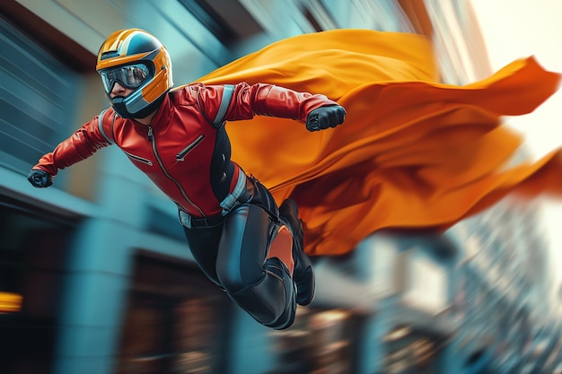 Photo highspeed comic book superhero on a motorcycle epic action and adventure with bold colors