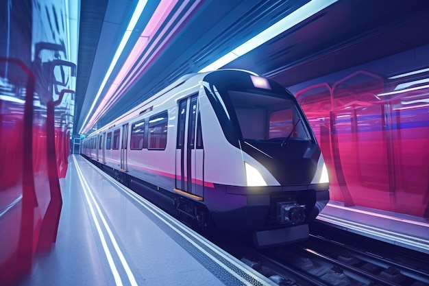 A highspeed electric train moves with great speed along the rails in the tunnel cyberpunk