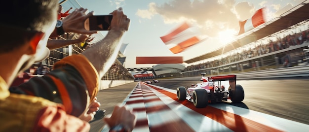 Highspeed exhilaration as a race car blurs by fans waving flags at the track