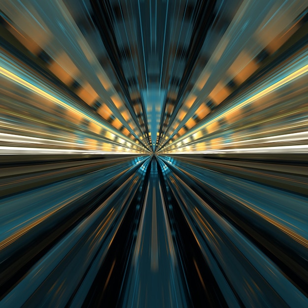 Highspeed hyper jump in space accelerated movement in the tunnel Blurry forward movement glowing beams of light in the tunnel 3d render