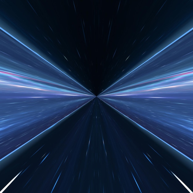 Highspeed hyper jump in space accelerated movement in the tunnel Blurry forward movement glowing beams of light in the tunnel 3d render