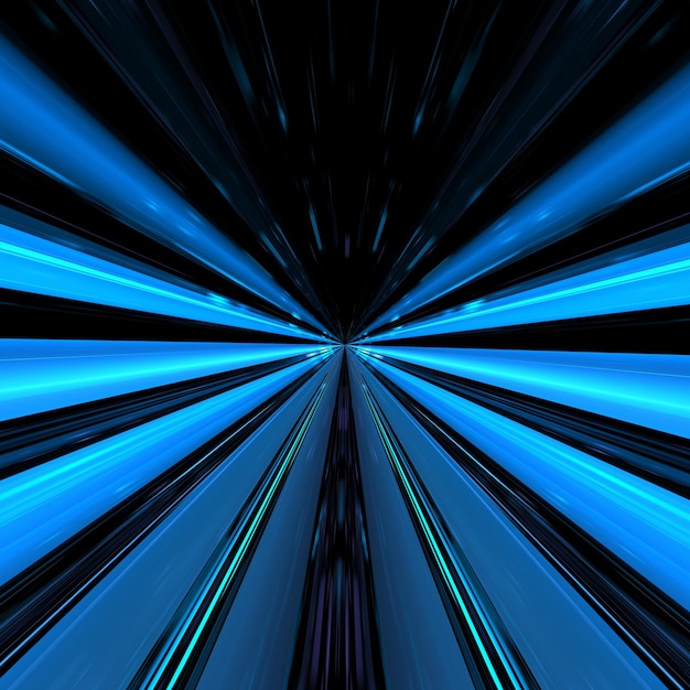 Highspeed hyper jump in space accelerated movement in the tunnel Blurry forward movement glowing beams of light in the tunnel 3d render