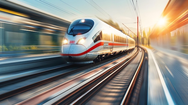 Highspeed Passenger Train in Futuristic Landscape at Sunset