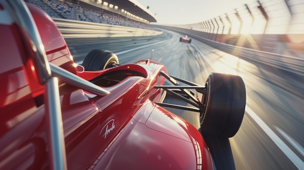 A highspeed race car speeds along a sunny racetrack capturing the thrill of the race with its sleek design and vibrant red color reflecting in the sun