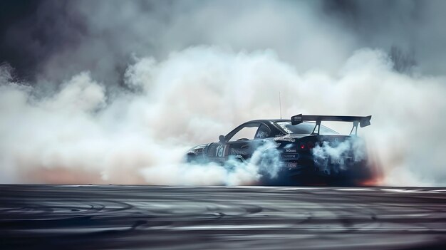 Photo highspeed racing car drifting wheels spinning smoke enveloping the track