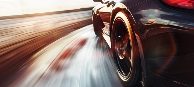 Photo highspeed red sports car taking a sharp corner on race track at sunset