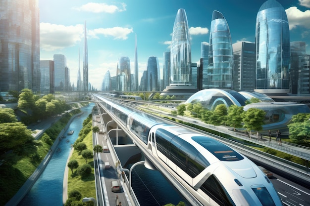 Highspeed train on the background of the modern city 3d rendering The Future of Mobility Innovative Transportation Systems and Advanced Technologies for Efficient Urban Planning AI Generated