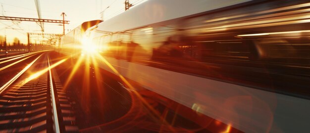 Highspeed train blurring past at sunset vibrant sunlight streaming on the tracks