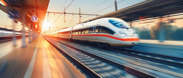 Highspeed train blurs through a modern station embodying motion and progress