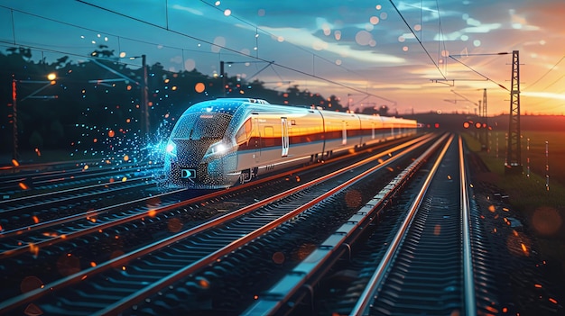 Highspeed train lit by neon lights in open scenic landscape