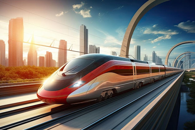 Highspeed train on the modern city background 3d rendering High Speed train on the road to the modern city AI Generated