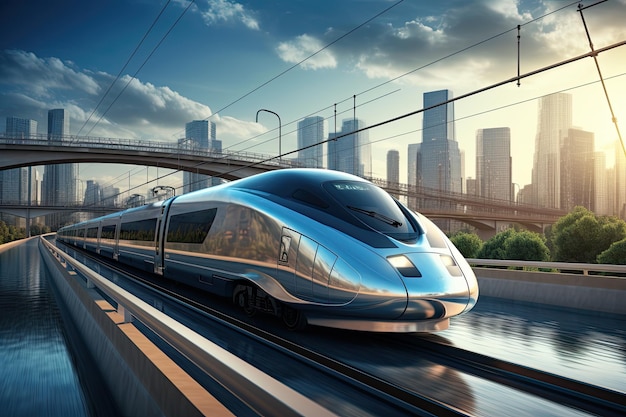 Highspeed train moves through the city 3D rendering High Speed train on the road to the modern city AI Generated