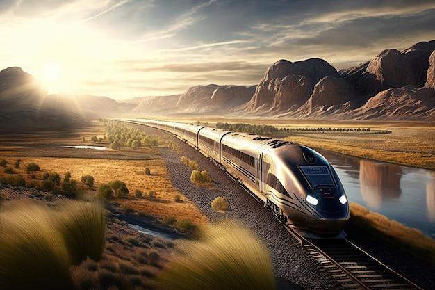 Highspeed train racing past sunlit landscape