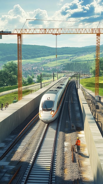 Photo highspeed train speeding along newly constructed railway